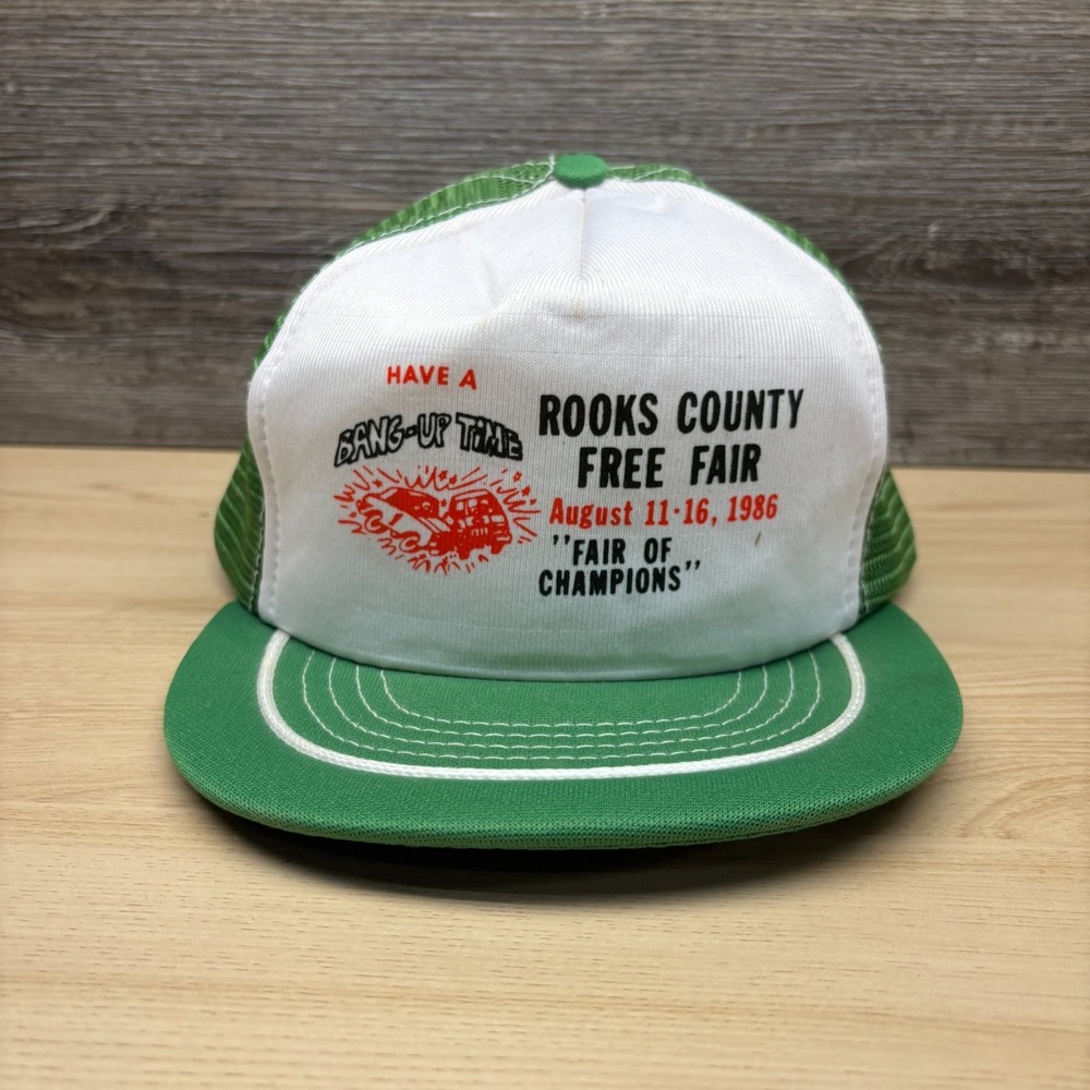 Vintage Rooks County Free Fair Hat Cap Snap Back Green White 1986 Kansas Trucker